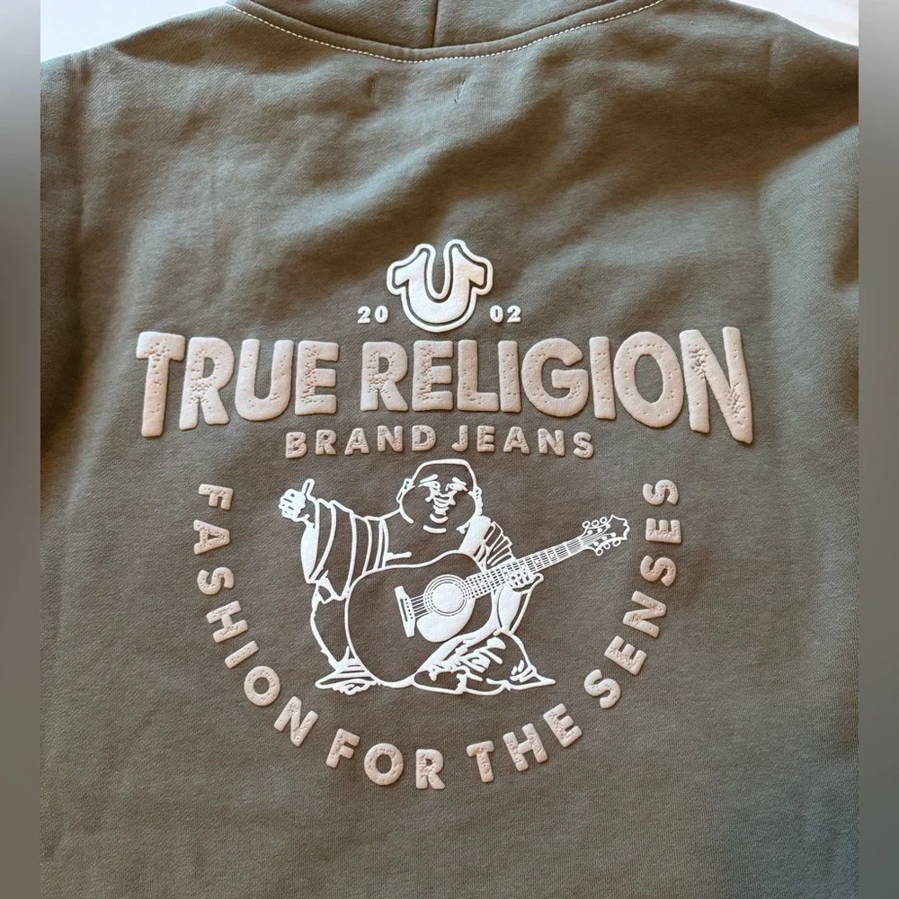 True Religion Mens Olive Zip Up Long Sleeve Pockets Fleece Hoodie Size 2XL